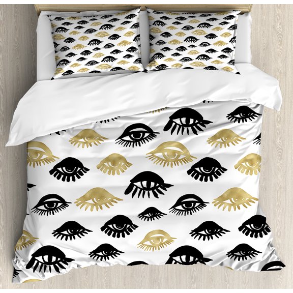 Trippy Duvet Cover Set, Woman Eyes with Eyelash Unusual Style Fashion Modern Design Print Graphic, Decorative 3 Piece Bedding Set with 2 Pillow Shams, King Size, Yellow and Black, by Ambesonne
