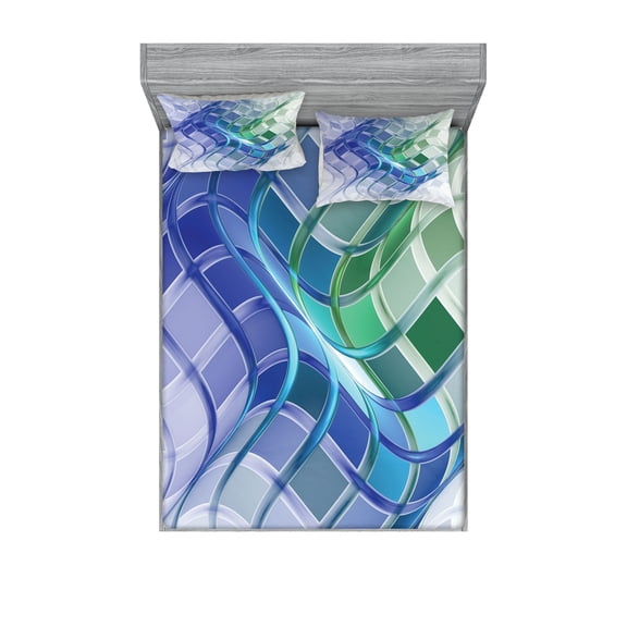 Trippy Fitted Sheet & Pillow Sham Set, Abstract Squares with Wavy Form Psychedelic Fractals Mental Absorbing Image Print, Decorative Printed 6 Piece Bedding Decor Set, King, Multicolor, by Ambesonne