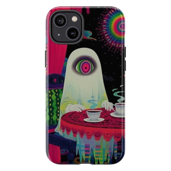 Trippy Ghost at Tea Table Phone Case, Psychedelic Surreal Art Protective Cover for iPhone 16 15 14 13 12 11 Pro Max Plus Mini