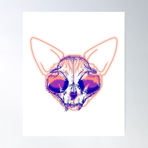 Trippy Glitch Pastel Sphynx Cat With Demon Eyes - Double Exposure Glowing Skull - Gothic Line Art Poster Wall Art, Modern Wall Decor For Living Room Bedroom, 8x12 UNFRAMED
