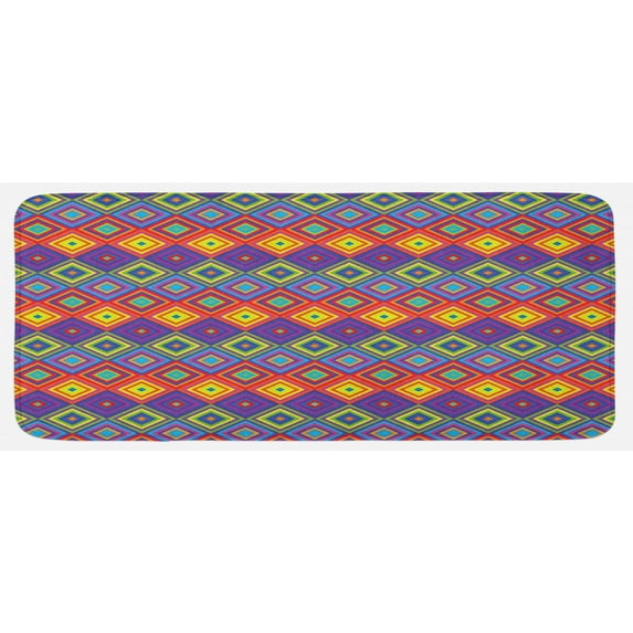 Trippy Kitchen Mat, Hippie Style Square Shapes in Vibrant Colors Psychedelic Pattern Retro Illustration, Plush Decorative Kitchen Mat with Non Slip Backing, 47" X 19", Multicolor, by Ambesonne