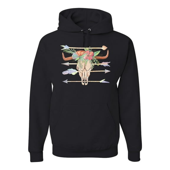 Trippy Long Horn Cow Skull Fashion Graphic Hoodie Sweatshirt, Black, Medium