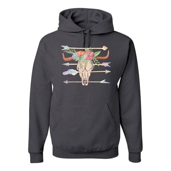 Trippy Long Horn Cow Skull Fashion Graphic Hoodie Sweatshirt, Charcoal, Small