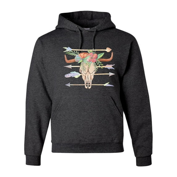 Trippy Long Horn Cow Skull Fashion Graphic Hoodie Sweatshirt, Heather Black, Large