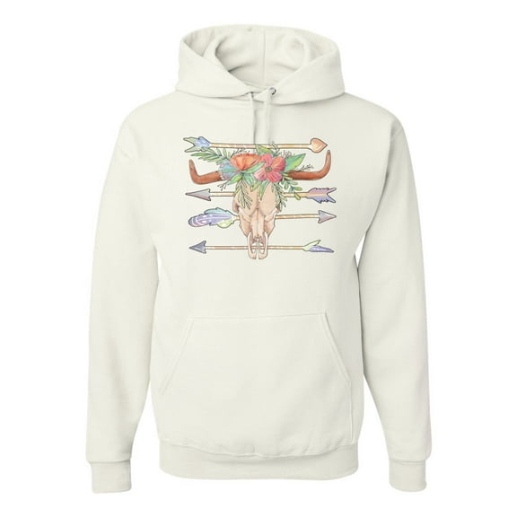 Trippy Long Horn Cow Skull Fashion Graphic Hoodie Sweatshirt, White, Small