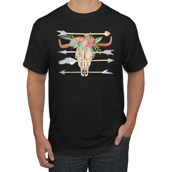 Trippy Long Horn Cow Skull Fashion Graphic T-Shirt, Black, Small