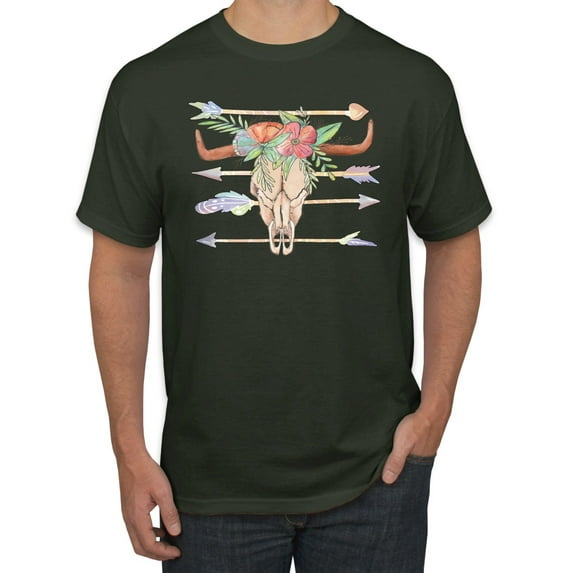 Trippy Long Horn Cow Skull Fashion Graphic T-Shirt, Forest Green, 4XL