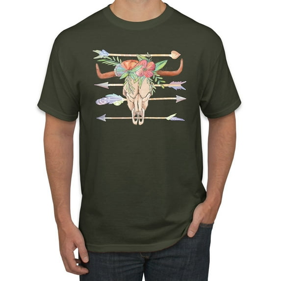 Trippy Long Horn Cow Skull Fashion Graphic T-Shirt, Military Green, 5XL