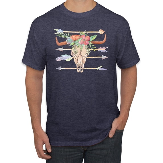 Trippy Long Horn Cow Skull Fashion Graphic T-Shirt, Vintage Heather Navy, 2XL