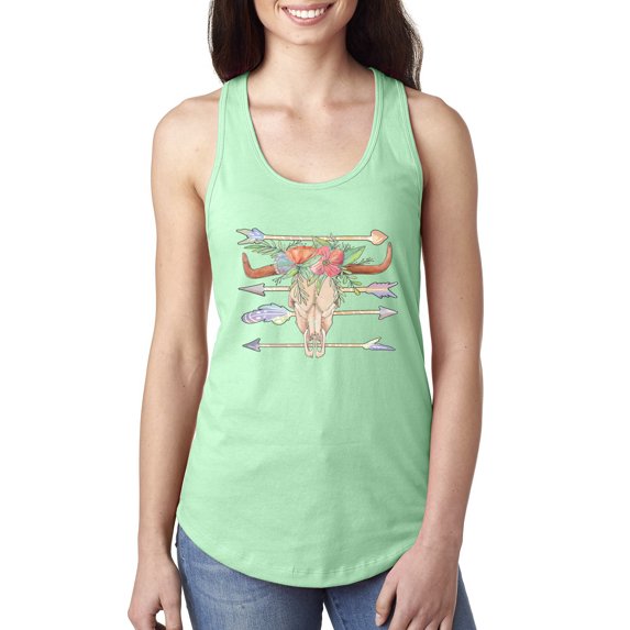 Trippy Long Horn Cow Skull Fashion Ladies Racerback Tank Top, Mint, Medium