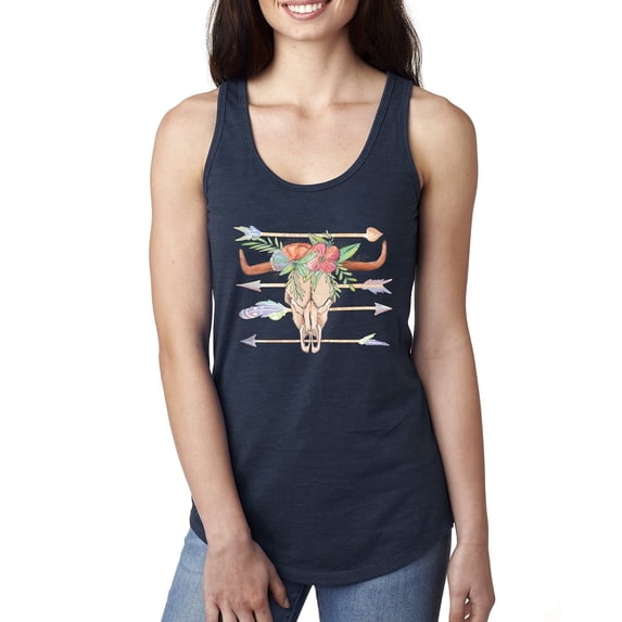 Trippy Long Horn Cow Skull Fashion Ladies Racerback Tank Top, Navy, Small