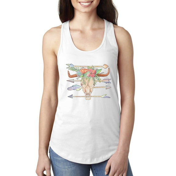 Trippy Long Horn Cow Skull Fashion Ladies Racerback Tank Top, White, X-Large