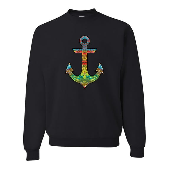 Trippy Mandala Nautical Colorful Mosaic Anchor | Mens Fashion Crewneck Graphic Sweatshirt, Black, Small