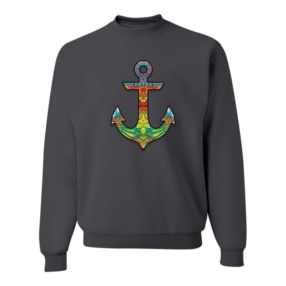 Trippy Mandala Nautical Colorful Mosaic Anchor | Mens Fashion Crewneck Graphic Sweatshirt, Charcoal, Large