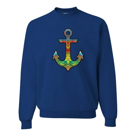 Trippy Mandala Nautical Colorful Mosaic Anchor | Mens Fashion Crewneck Graphic Sweatshirt, Royal, Small