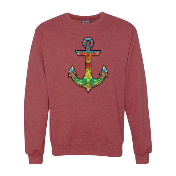 Trippy Mandala Nautical Colorful Mosaic Anchor | Mens Fashion Crewneck Graphic Sweatshirt, Vintage Heather Red, X-Large