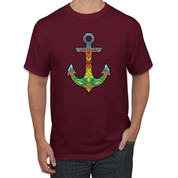Trippy Mandala Nautical Colorful Mosaic Anchor | Mens Fashion Graphic T-Shirt, Maroon, X-Large