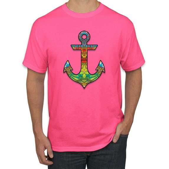 Trippy Mandala Nautical Colorful Mosaic Anchor | Mens Fashion Graphic T-Shirt, Neon Pink, Small