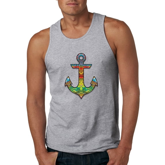 Trippy Mandala Nautical Colorful Mosaic Anchor | Mens Fashion Graphic Tank Top, Heather Grey, X-Large