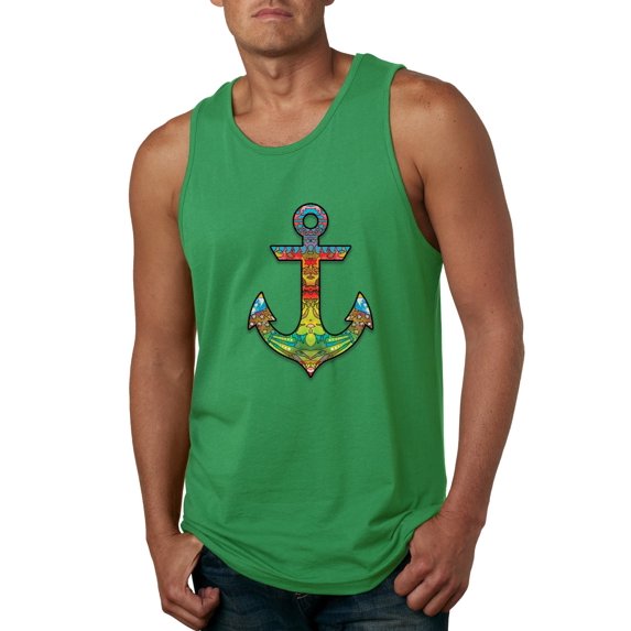 Trippy Mandala Nautical Colorful Mosaic Anchor | Mens Fashion Graphic Tank Top, Kelly, X-Large