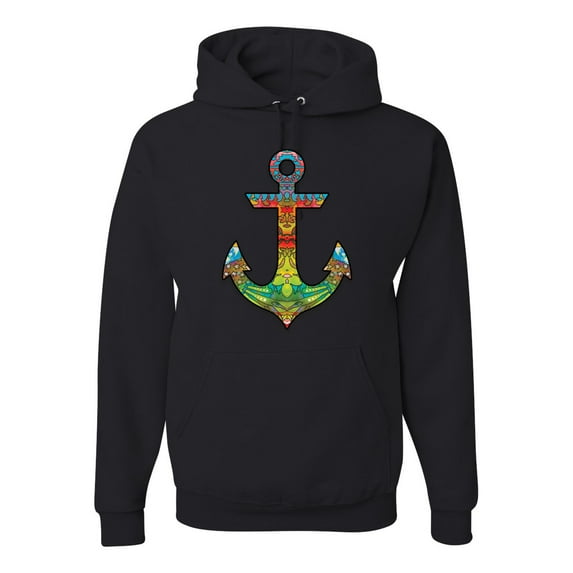 Trippy Mandala Nautical Colorful Mosaic Anchor | Mens Fashion Hooded Sweatshirt Graphic Hoodie, Black, Small