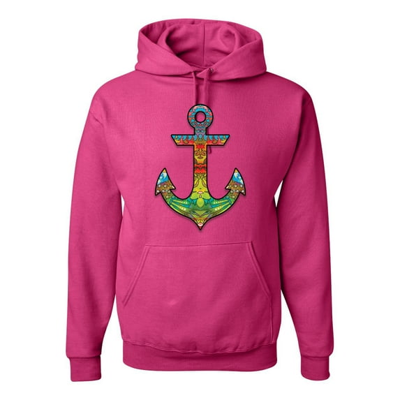 Trippy Mandala Nautical Colorful Mosaic Anchor | Mens Fashion Hooded Sweatshirt Graphic Hoodie, Fuschia, Small