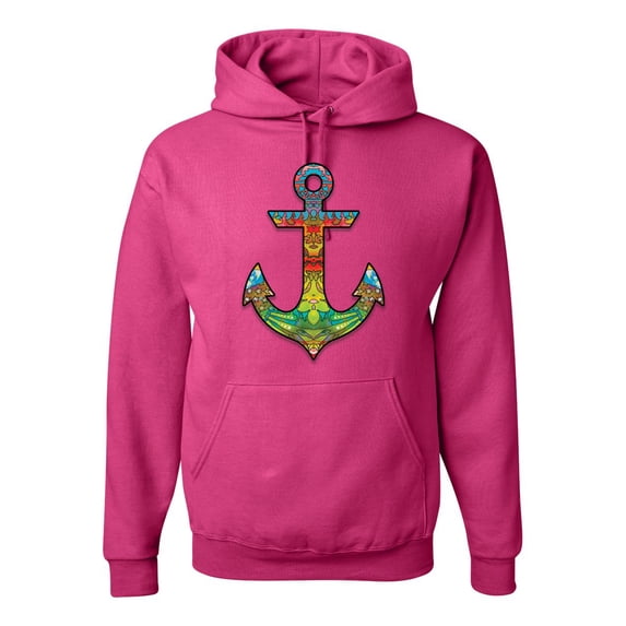 Trippy Mandala Nautical Colorful Mosaic Anchor | Mens Fashion Hooded Sweatshirt Graphic Hoodie, Fuschia, X-Large