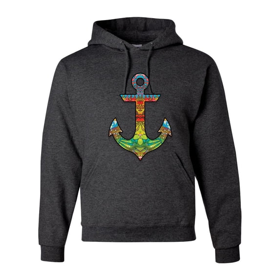 Trippy Mandala Nautical Colorful Mosaic Anchor | Mens Fashion Hooded Sweatshirt Graphic Hoodie, Heather Black, Small