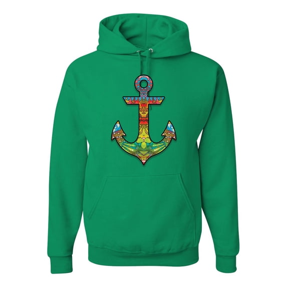 Trippy Mandala Nautical Colorful Mosaic Anchor | Mens Fashion Hooded Sweatshirt Graphic Hoodie, Kelly, 2XL