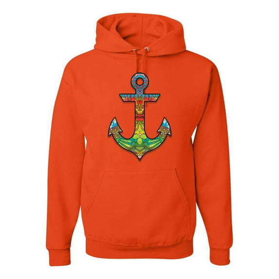 Trippy Mandala Nautical Colorful Mosaic Anchor | Mens Fashion Hooded Sweatshirt Graphic Hoodie, Orange, X-Large