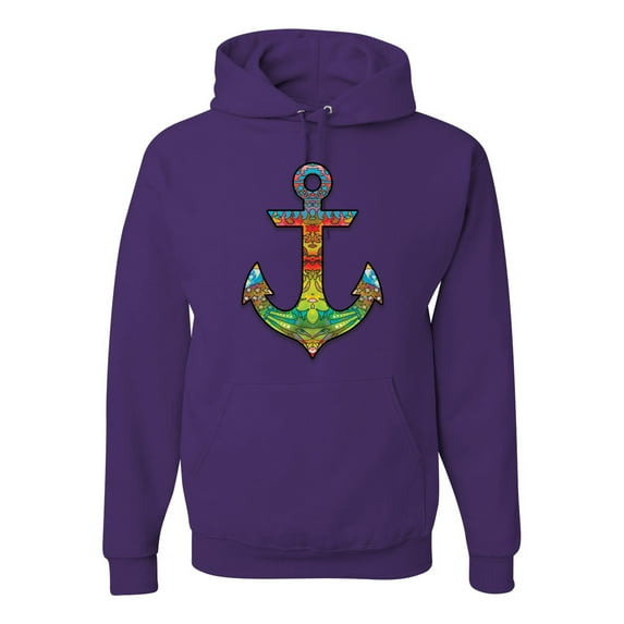 Trippy Mandala Nautical Colorful Mosaic Anchor | Mens Fashion Hooded Sweatshirt Graphic Hoodie, Purple, Small