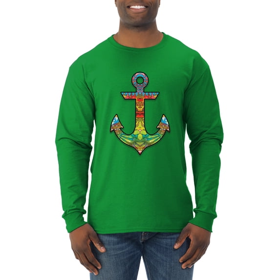 Trippy Mandala Nautical Colorful Mosaic Anchor | Mens Fashion Long Sleeve T-Shirt, Kelly, 3XL
