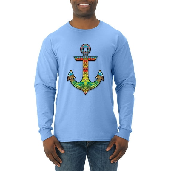Trippy Mandala Nautical Colorful Mosaic Anchor | Mens Fashion Long Sleeve T-Shirt, Light Blue, Medium