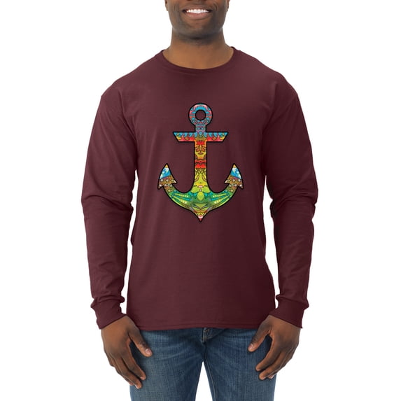 Trippy Mandala Nautical Colorful Mosaic Anchor | Mens Fashion Long Sleeve T-Shirt, Maroon, X-Large