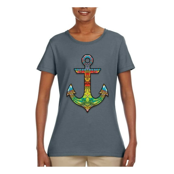 Trippy Mandala Nautical Colorful Mosaic Anchor | Womens Fashion Graphic T-Shirt, Charcoal, Medium