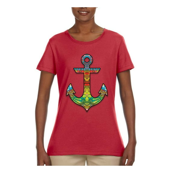 Trippy Mandala Nautical Colorful Mosaic Anchor | Womens Fashion Graphic T-Shirt, Red, X-Large