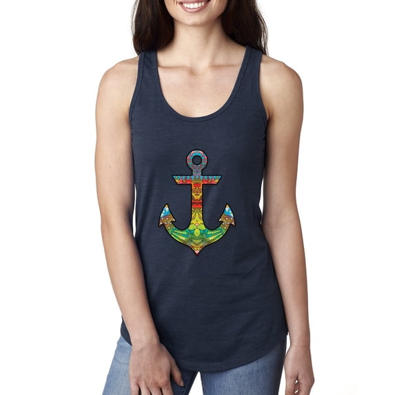 Trippy Mandala Nautical Colorful Mosaic Anchor | Womens Fashion Jersey Racerback Tank Top, Navy, Large
