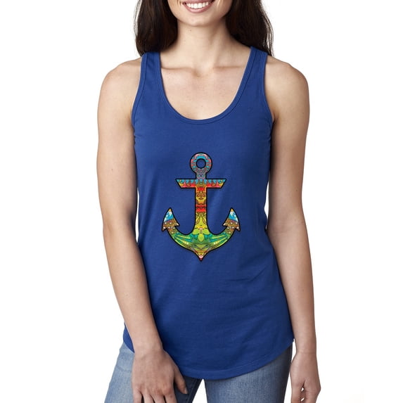 Trippy Mandala Nautical Colorful Mosaic Anchor | Womens Fashion Jersey Racerback Tank Top, Royal, Large