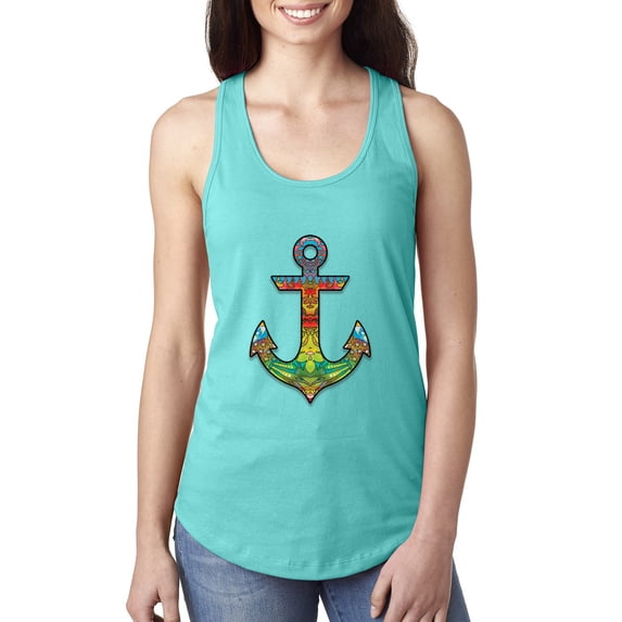 Trippy Mandala Nautical Colorful Mosaic Anchor | Womens Fashion Jersey Racerback Tank Top, Tahiti Blue, Medium