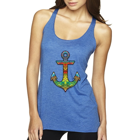 Trippy Mandala Nautical Colorful Mosaic Anchor | Womens Fashion Premium Tri-Blend Racerback Tank Top, Vintage Royal, Small