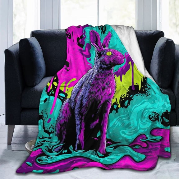 Trippy Melting Bunny Throw Blanket, Psychedelic Abstract Art Flannel Fleece for Creative Home & Dorm Décor 50x40