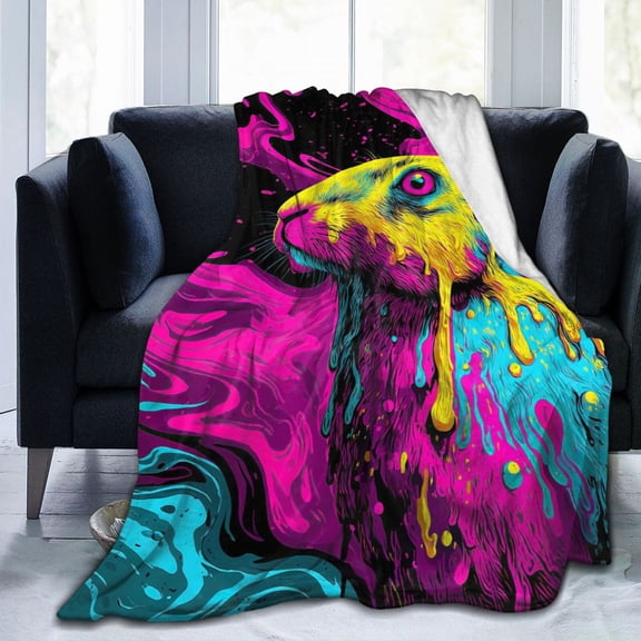 Trippy Melting Bunny Throw Blanket, Psychedelic Abstract Art Flannel Fleece for Creative Home & Dorm Décor 50x40