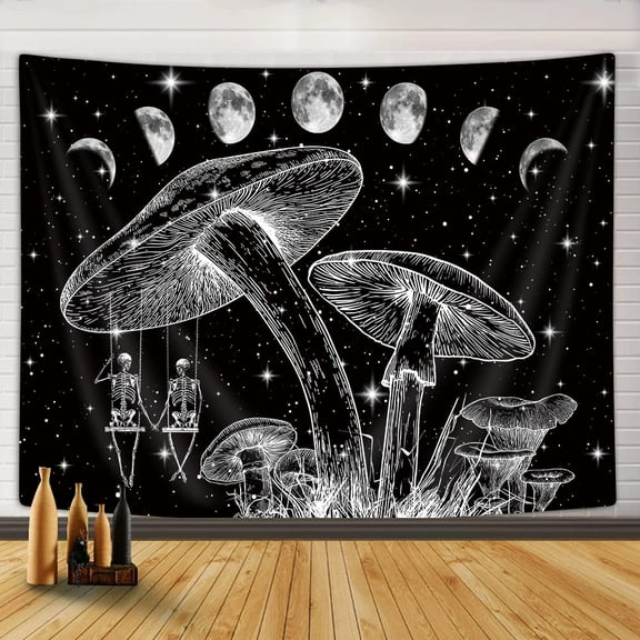Trippy Moon Phase Tapestry Mushroom Skull Tapestries, Gothic Black and White Hippie Skeleton Witchy Tarot Aesthetic Tapestry Wall Hanging for Bedroom Living Room College Dorm (60X40)