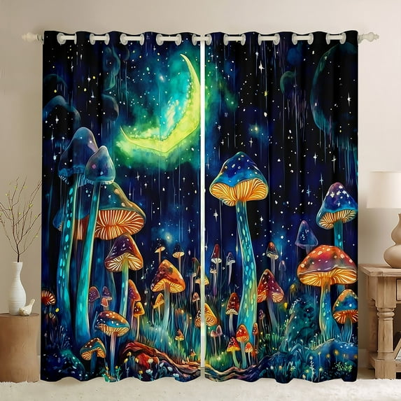 Trippy Mushroom Curtains Drapes,Colorful Mushroom Curtains Living Room Decor,Moon and Stars Galaxy Curtains Nature Themed Plant Window Curtains 2 Panels 52"Wx63"L