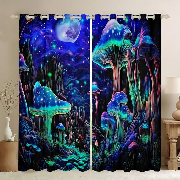 Trippy Mushroom Curtains Drapes,Fantasy Mushroom Curtains Bedroom Decor,Moon and Stars Blue Galaxy Curtains Botanical Plant Window Curtains 2 Panels 38"Wx45"L