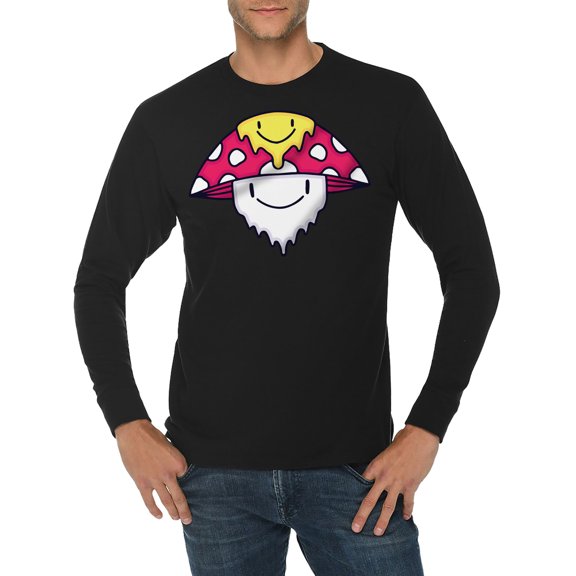 Trippy Mushroom Embroidered Unisex Lane Seven Ring Spun Cotton Premium Long Sleeve T-shirt - Black 3XL