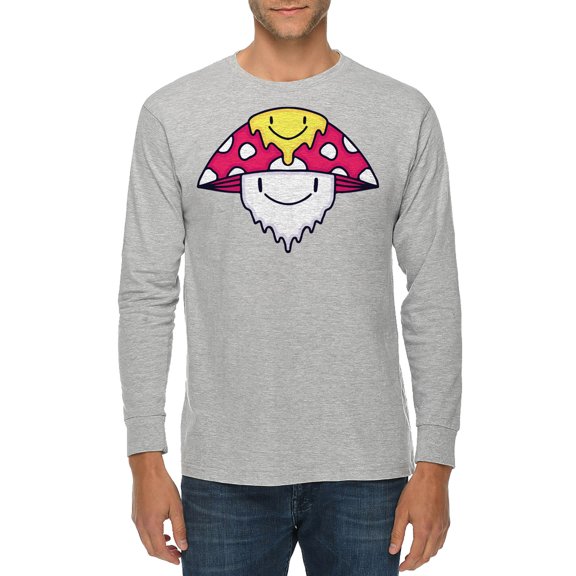 Trippy Mushroom Embroidered Unisex Lane Seven Ring Spun Cotton Premium Long Sleeve T-shirt - Heather Grey 2XL