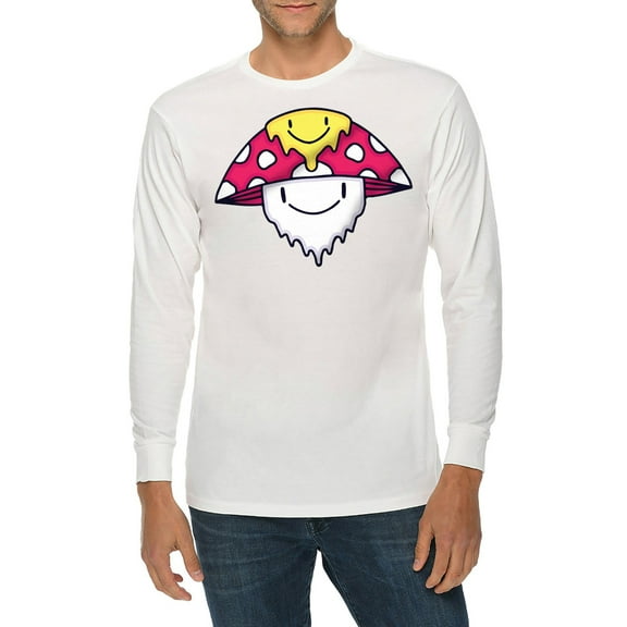 Trippy Mushroom Embroidered Unisex Lane Seven Ring Spun Cotton Premium Long Sleeve T-shirt - White XL