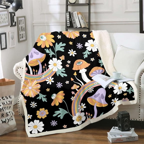 Trippy Mushroom Fleece Blanket Groovy Floral Sherpa Blanket Cute Rainbow Blanket Baby Size Two Groovy Party Boho Hippie Mushroom Throw Blanket for Sofa Retro Party Decorations Plush Blanket