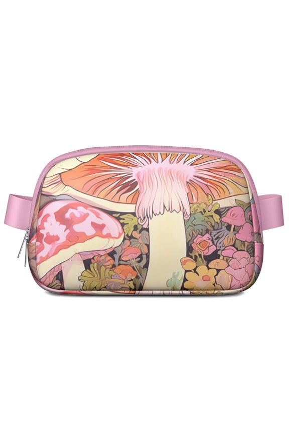 Trippy Mushroom Print Adjustable Waist Bag – Waterproof Lightweight Fanny Pack for Hiking, Daily Walking, and Music Festival, Boho Woodland Theme